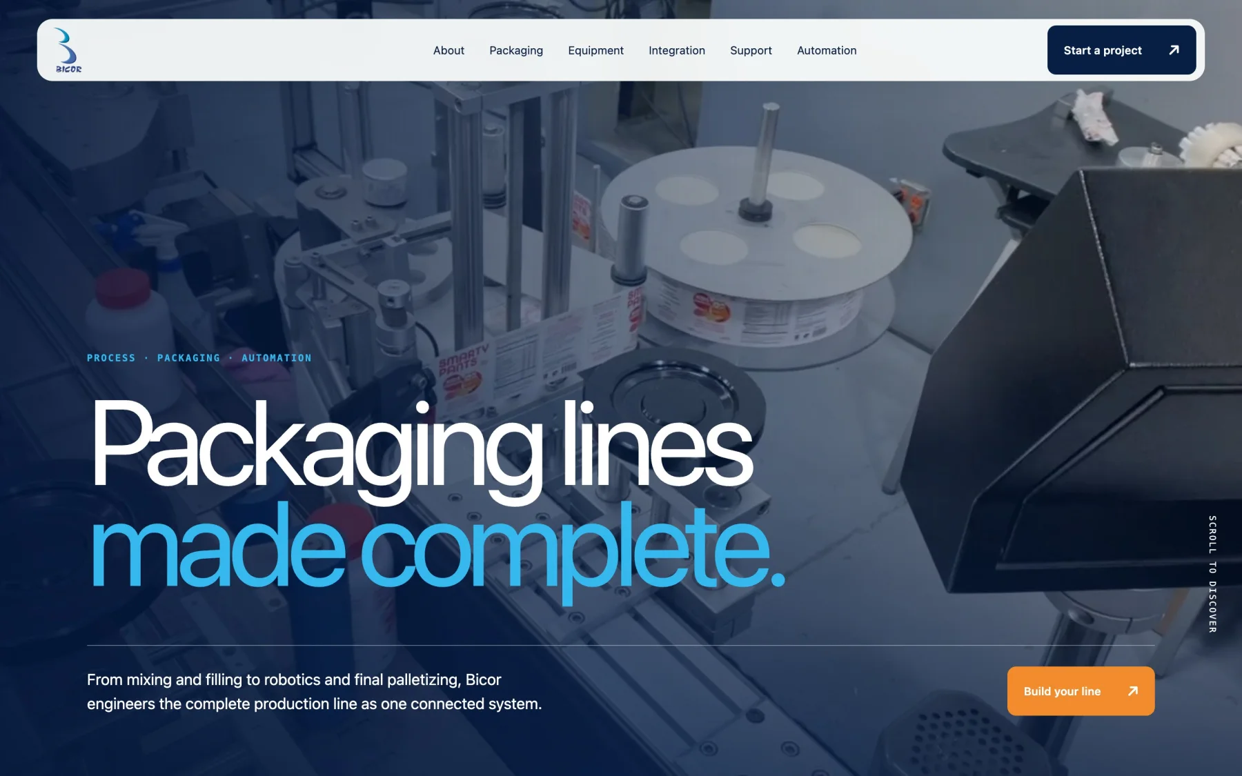 Portada de Bicor Technologies: una línea de empaque en operación con el titular “Packaging lines made complete”