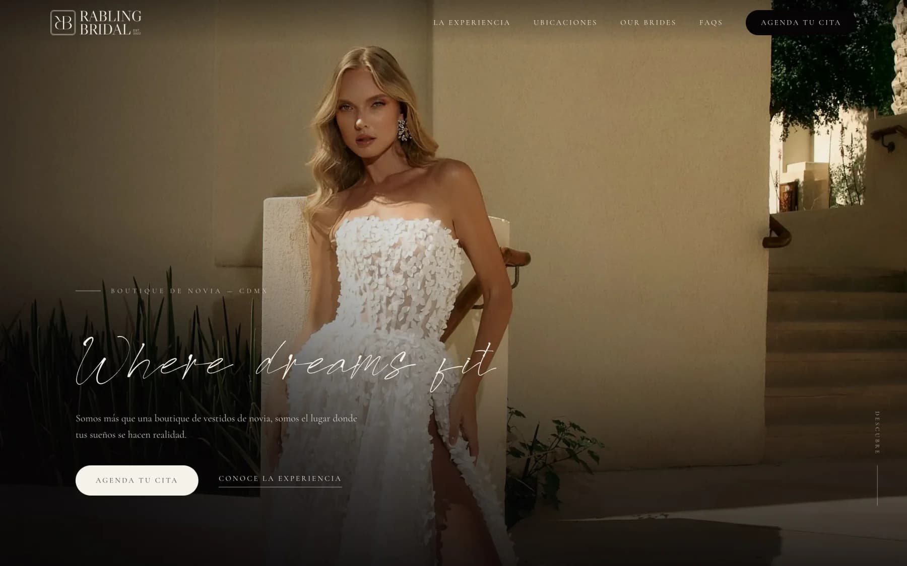 Portada de Rabling Bridal: una novia en un patio con luz cálida y el titular manuscrito “Where dreams fit”